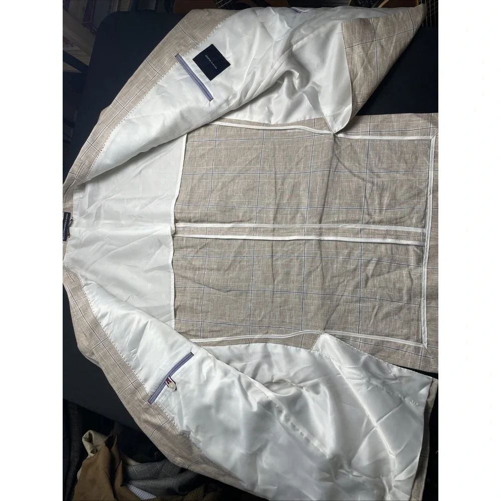 Tommy Hilfiger Linen Unstructured Windowpane Two Button Patch Pockets Blazer